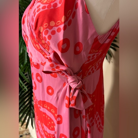 Farm Rio Octocool Wrap Dress V Neck Ruffled Detail Asymmetric Hem Pink Size M - Picture 5 of 8